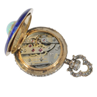 Swiss rose gold, enamel and diamond-set pendant watch Circa 1900