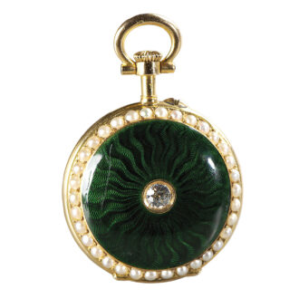 Swiss 18K gold, enamel, pearl and diamond-set pendant watch Circa 1880
