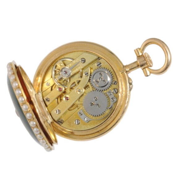 Swiss 18K gold, enamel, pearl and diamond-set pendant watch Circa 1880 Swiss 18K gold, enamel, pearl and diamond-set pendant watch Circa 1880