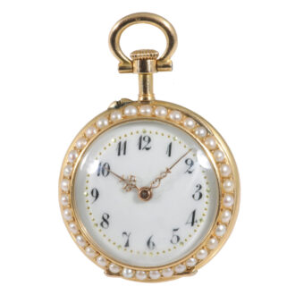 Swiss 18K gold, enamel, pearl and diamond-set pendant watch Circa 1880