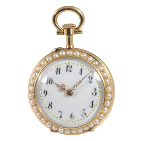 Swiss 18K gold, enamel, pearl and diamond-set pendant watch Circa 1880 Swiss 18K gold, enamel, pearl and diamond-set pendant watch Circa 1880
