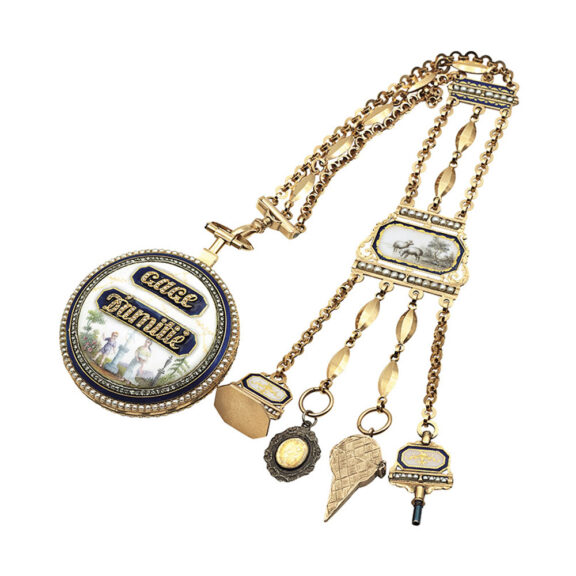 French gold decorated verge watch with chatelaine Circa 1800 French gold decorated verge watch with chatelaine Circa 1800