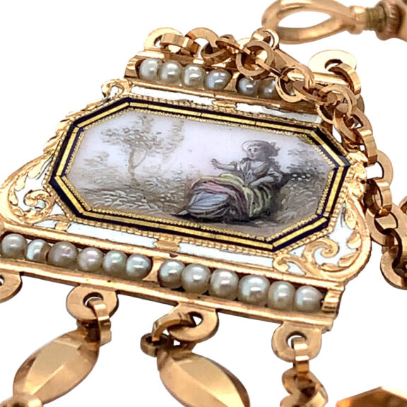 French gold decorated verge watch with chatelaine Circa 1800 French gold decorated verge watch with chatelaine Circa 1800