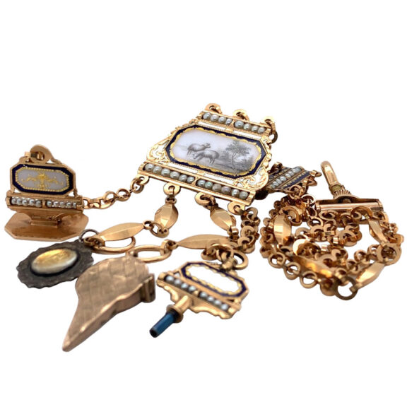 French gold decorated verge watch with chatelaine Circa 1800 French gold decorated verge watch with chatelaine Circa 1800