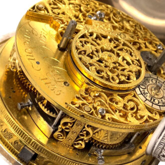 English silver pair-cased repeating coach clock with alarm Circa 1730