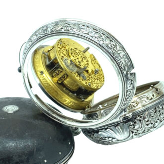 English silver pair-cased repeating coach clock with alarm Circa 1730