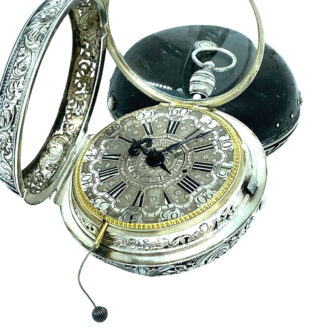 English silver pair-cased repeating coach clock with alarm Circa 1730
