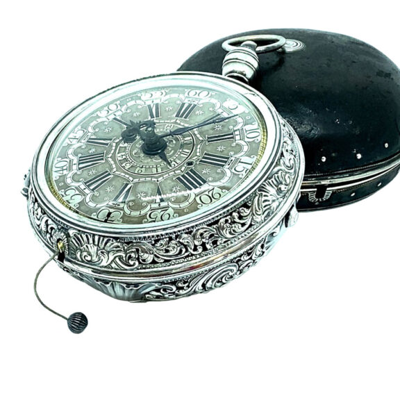English silver pair-cased repeating coach clock with alarm Circa 1730 English silver pair-cased repeating coach clock with alarm Circa 1730