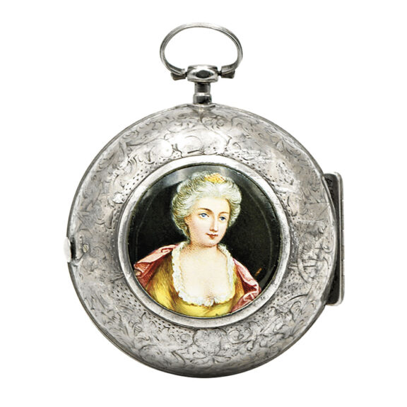 English silver and enamel verge watch with mock pendulum Circa 1710