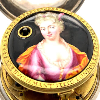 English silver and enamel verge watch with mock pendulum Circa 1710