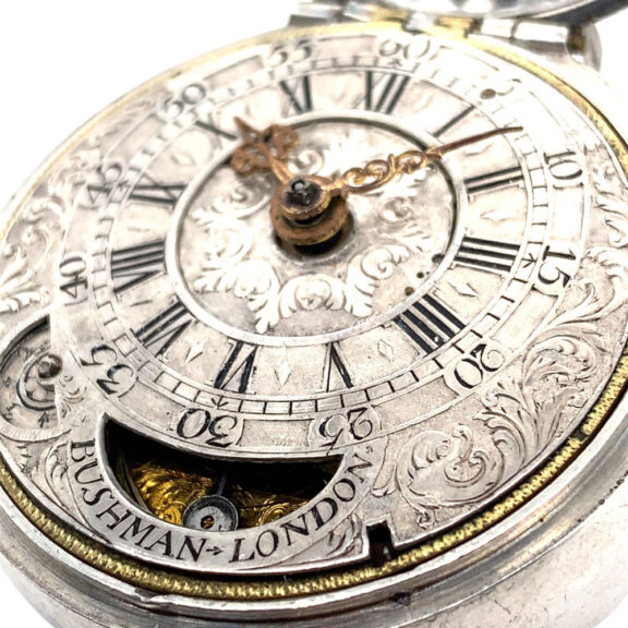 English silver and enamel verge watch with mock pendulum Circa 1710 English silver and enamel verge watch with mock pendulum Circa 1710