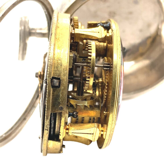 English silver and enamel verge watch with mock pendulum Circa 1710 English silver and enamel verge watch with mock pendulum Circa 1710