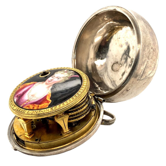 English silver and enamel verge watch with mock pendulum Circa 1710 English silver and enamel verge watch with mock pendulum Circa 1710
