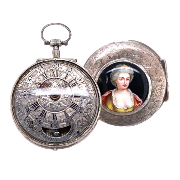 English silver and enamel verge watch with mock pendulum Circa 1710 English silver and enamel verge watch with mock pendulum Circa 1710