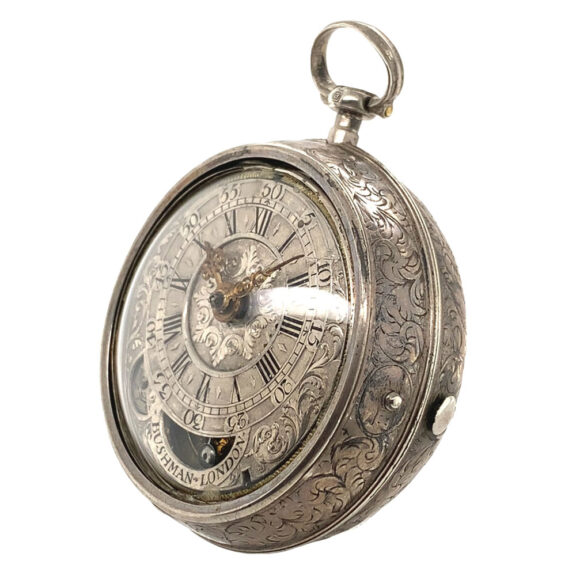 English silver and enamel verge watch with mock pendulum Circa 1710 English silver and enamel verge watch with mock pendulum Circa 1710