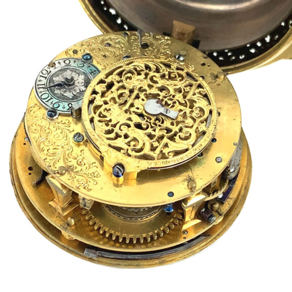 French gilt repeating verge oignon watch with alarm Circa 1700 French gilt repeating verge oignon watch with alarm Circa 1700