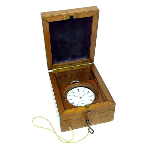 English silver marine deck watch in mahogany box Circa 1899 English silver marine deck watch in mahogany box Circa 1899