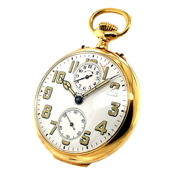 Swiss 18K gold open faced lever watch with alarm Circa 1903 Swiss 18K gold open faced lever watch with alarm Circa 1903