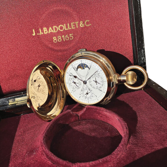 Impressive Swiss gold complicated hunting cased watch Circa 1890 Impressive Swiss gold complicated hunting cased watch Circa 1890