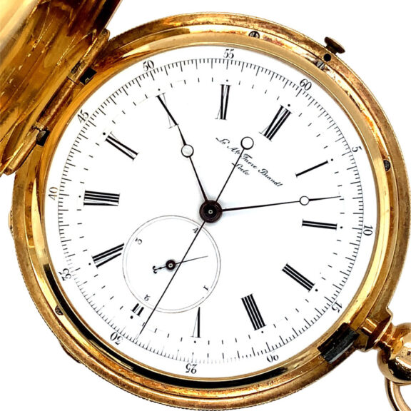 Extraordinary Swiss 18K gold hunting cased lever watch Circa 1885 Extraordinary Swiss 18K gold hunting cased lever watch Circa 1885