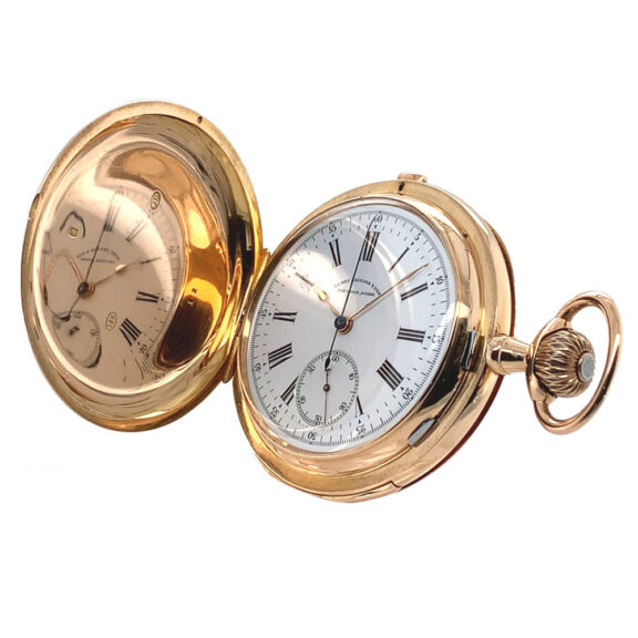 Swiss rose gold minute repeating chronograph with chain Circa 1890 Swiss rose gold minute repeating chronograph with chain Circa 1890