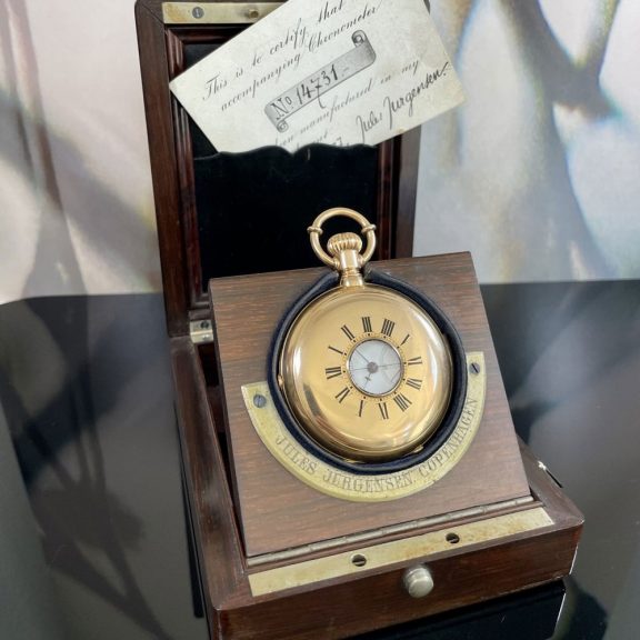 Danish/Swiss gold half-hunting cased lever chronograph Circa 1887 Danish/Swiss gold half-hunting cased lever chronograph Circa 1887