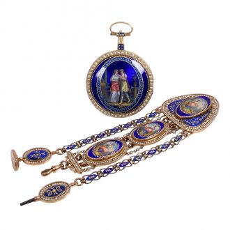 French gold enamelled cylinder watch with chatelaine Circa 1790