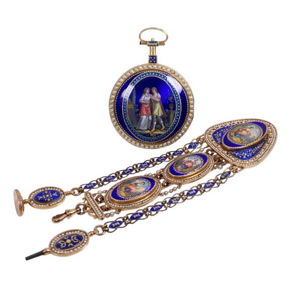 French gold enamelled cylinder watch with chatelaine Circa 1790 French gold enamelled cylinder watch with chatelaine Circa 1790
