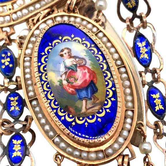 French gold enamelled cylinder watch with chatelaine Circa 1790 French gold enamelled cylinder watch with chatelaine Circa 1790