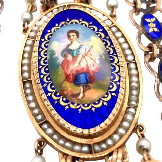 French gold enamelled cylinder watch with chatelaine Circa 1790