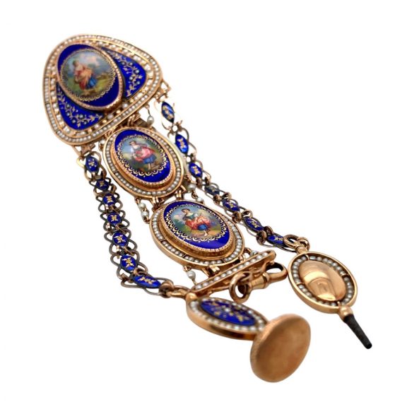 French gold enamelled cylinder watch with chatelaine Circa 1790 French gold enamelled cylinder watch with chatelaine Circa 1790
