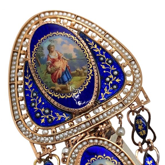 French gold enamelled cylinder watch with chatelaine Circa 1790 French gold enamelled cylinder watch with chatelaine Circa 1790