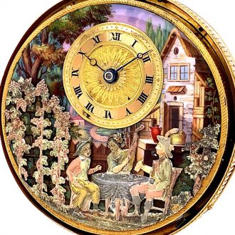 Swiss gold repeating musical cylinder watch with automata Circa 1810