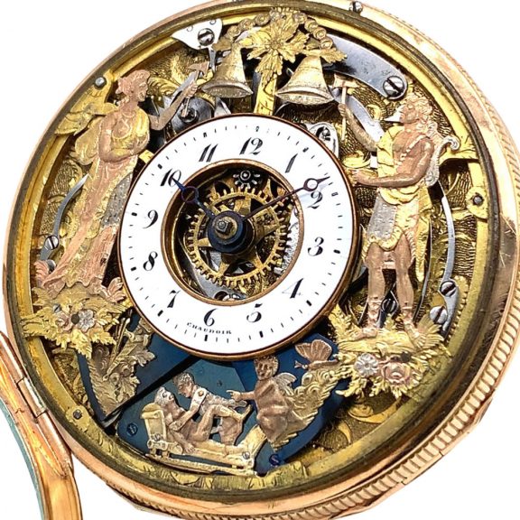 Swiss 18K rose gold quarter repeating automaton Circa 1800 Swiss 18K rose gold quarter repeating automaton Circa 1800