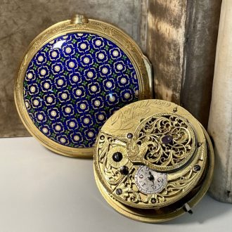 English gilded brass and enamel pair-cased watch Circa 1800
