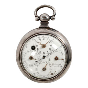 White enamel regulator dials on both sides, the one on the front features four subsidiary dials for displaying the time, the days of the week, the months and the date, the central seconds hand can be stopped with a lever on the side of the case, the back shows five subsidiary dials which display minutes, hours, moon ages, the tide and regulation, an arched aperture in the center reveals a digital retrograde second.