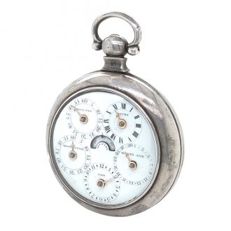 White enamel regulator dials on both sides, the one on the front features four subsidiary dials for displaying the time, the days of the week, the months and the date, the central seconds hand can be stopped with a lever on the side of the case, the back shows five subsidiary dials which display minutes, hours, moon ages, the tide and regulation, an arched aperture in the center reveals a digital retrograde second.