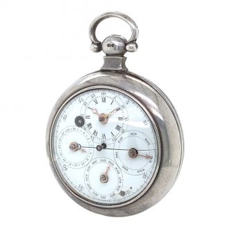 White enamel regulator dials on both sides, the one on the front features four subsidiary dials for displaying the time, the days of the week, the months and the date, the central seconds hand can be stopped with a lever on the side of the case, the back shows five subsidiary dials which display minutes, hours, moon ages, the tide and regulation, an arched aperture in the center reveals a digital retrograde second.