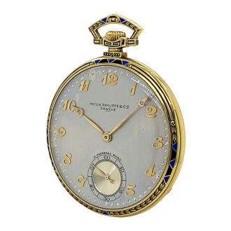 Swiss gold and enamel Art Deco dress watch with chain Circa 1926