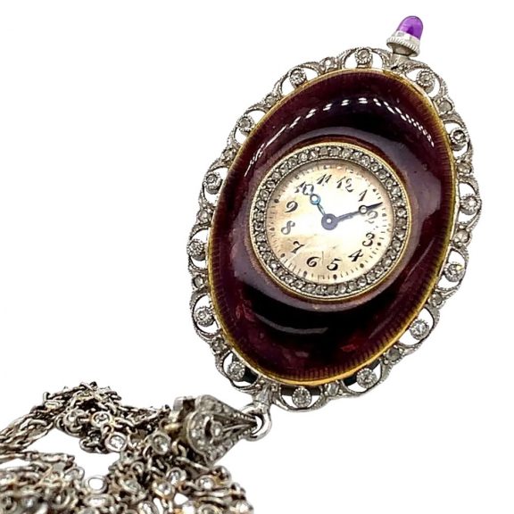 Swiss oval belle époque pendant watch with chain Circa 1910 Swiss oval belle époque pendant watch with chain Circa 1910