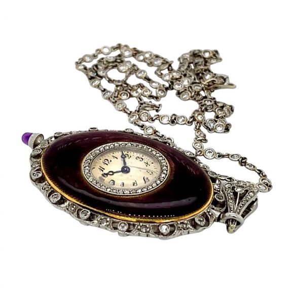 Swiss oval belle époque pendant watch with chain Circa 1910 Swiss oval belle époque pendant watch with chain Circa 1910
