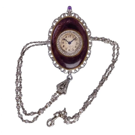 Swiss oval belle époque pendant watch with chain Circa 1910 Swiss oval belle époque pendant watch with chain Circa 1910