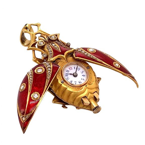 Swiss gold, enamel and diamond set scarab form watch Circa 1890 Swiss gold, enamel and diamond set scarab form watch Circa 1890