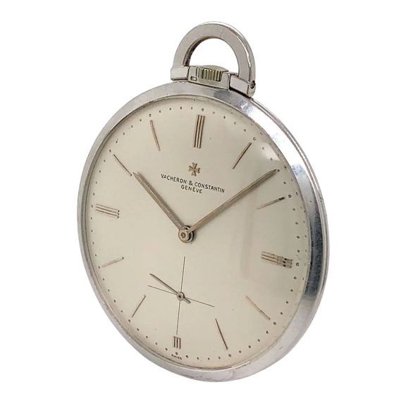 Flat Swiss 18K white gold dress watch with chain Circa 1957 Flat Swiss 18K white gold dress watch with chain Circa 1957