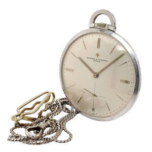 Flat Swiss 18K white gold dress watch with chain Circa 1957