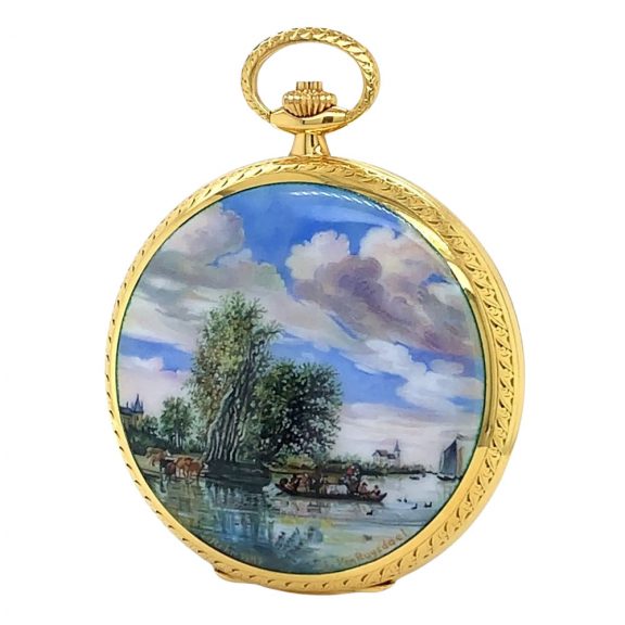 Unique Swiss 18K gold and enamel hunting cased watch Circa 1987 Unique Swiss 18K gold and enamel hunting cased watch Circa 1987