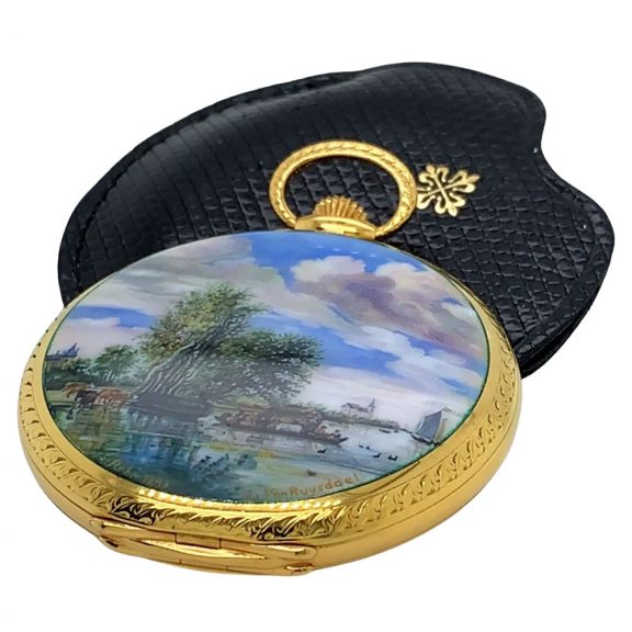 Unique Swiss 18K gold and enamel hunting cased watch Circa 1987 Unique Swiss 18K gold and enamel hunting cased watch Circa 1987