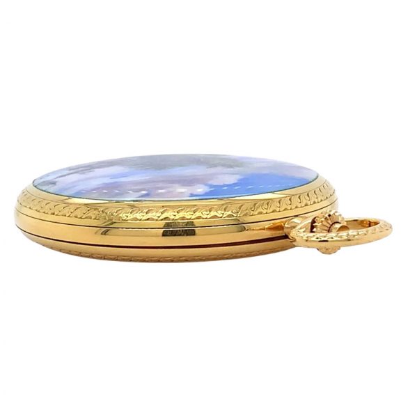 Unique Swiss 18K gold and enamel hunting cased watch Circa 1987 Unique Swiss 18K gold and enamel hunting cased watch Circa 1987
