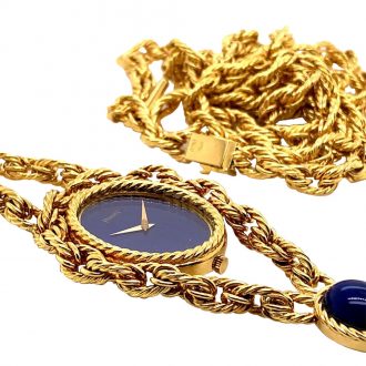 Swiss 18K gold necklace watch with lapis lazulli dial Circa 1972 Swiss 18K gold necklace watch with lapis lazulli dial Circa 1972