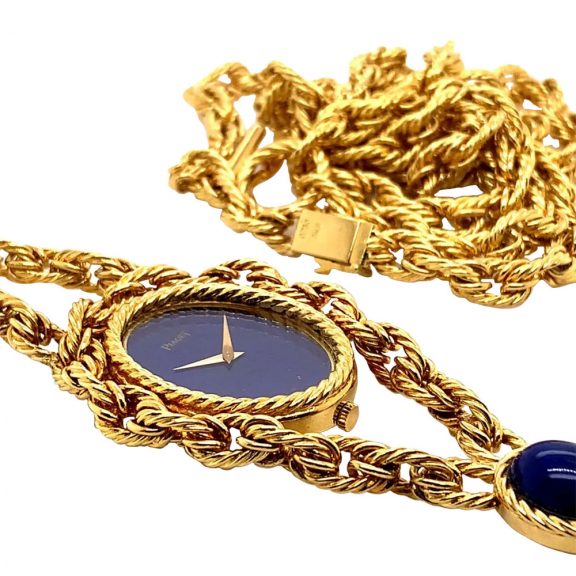 Swiss 18K gold necklace watch with lapis lazulli dial Circa 1972 Swiss 18K gold necklace watch with lapis lazulli dial Circa 1972